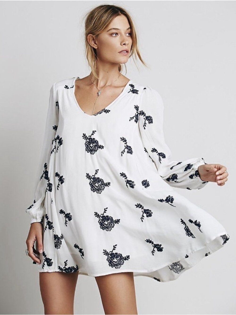 Free People Small Oversized Gray Emma Austin Swing Dress Embroidered Boho Pocket
